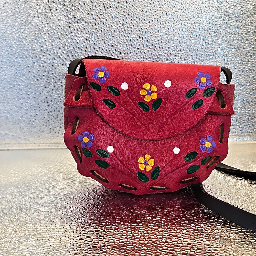Ensenada Red Leather Mini Crossbody Bag Hand Painted Floral Boho Vintage Purse